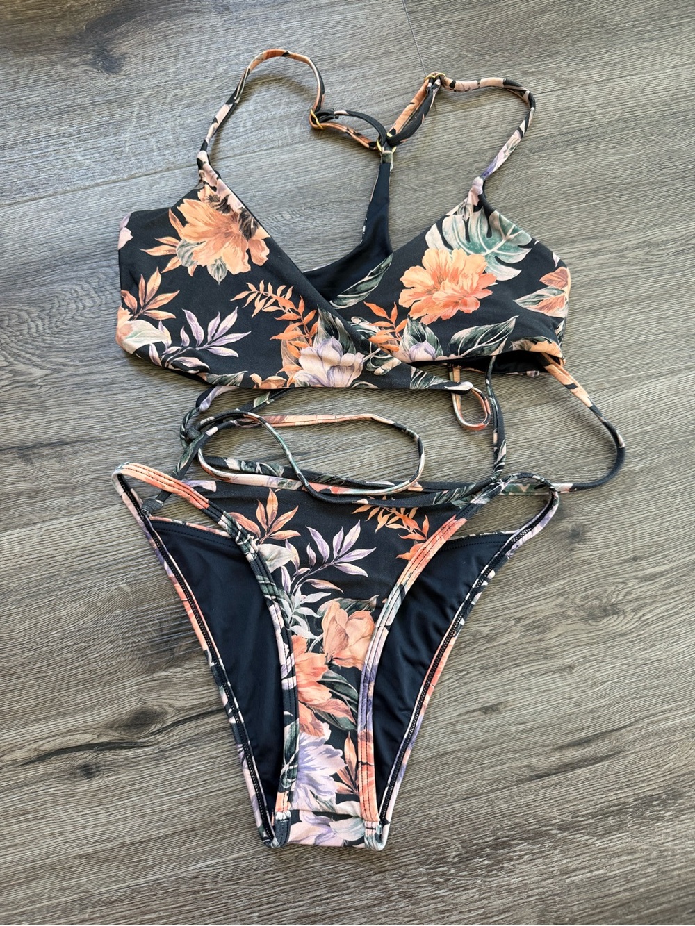 Lspace Floral Wrap Triangle Bikini Set - Black with Pink Floral